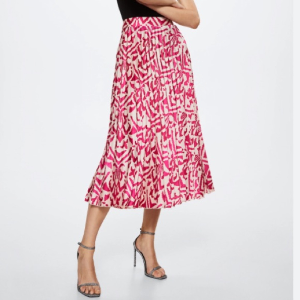 Mango Pink and White Patterned Midi Skirt